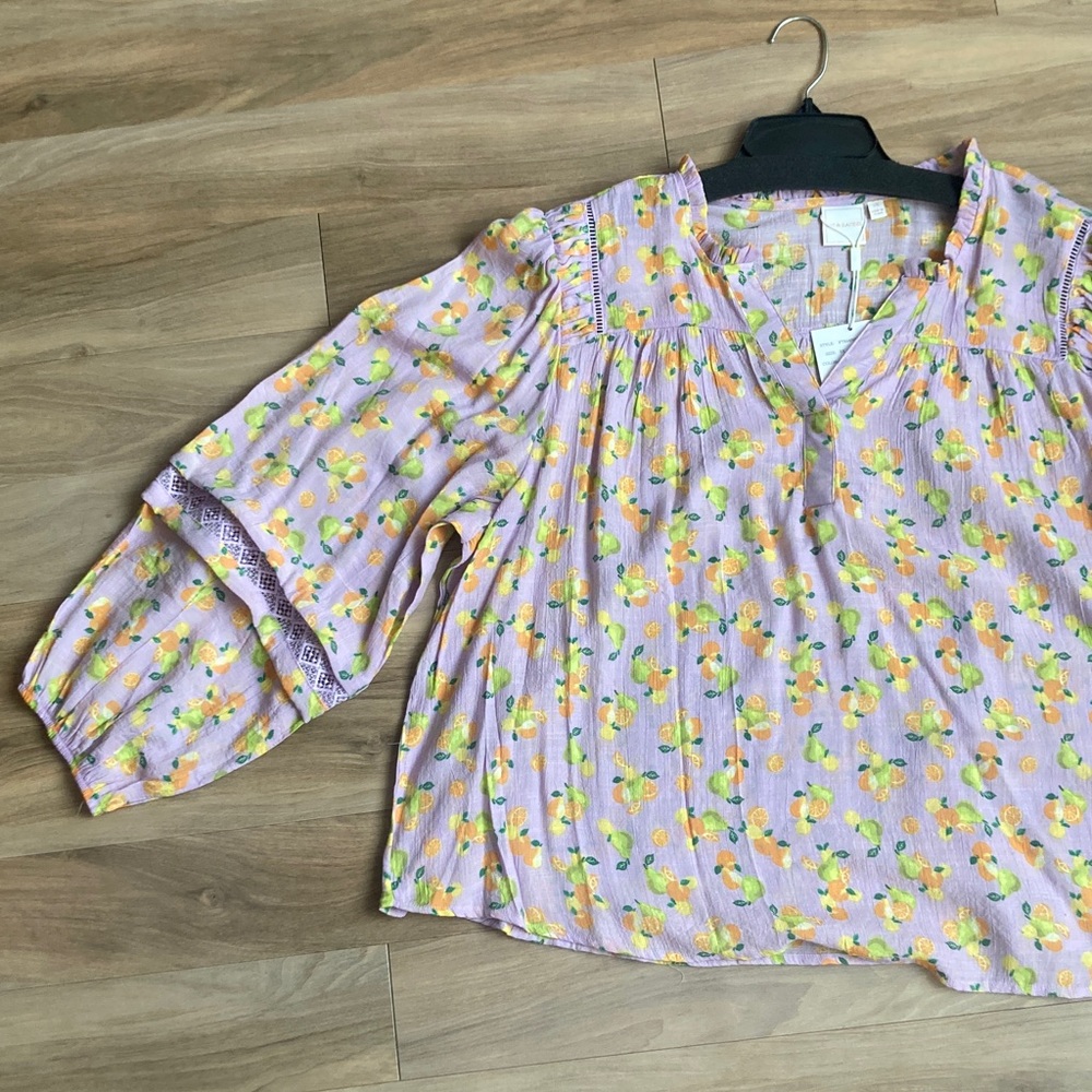 Zac & Rachel top boho lemon and fruit print crochet like details lavender 3X - Picture 17 of 17